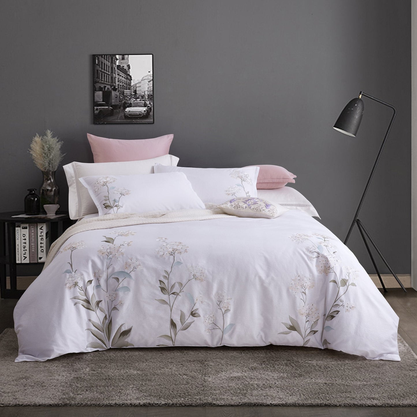 Hydrangea Floral 100% Cotton Embroidered Duvet Cover Set