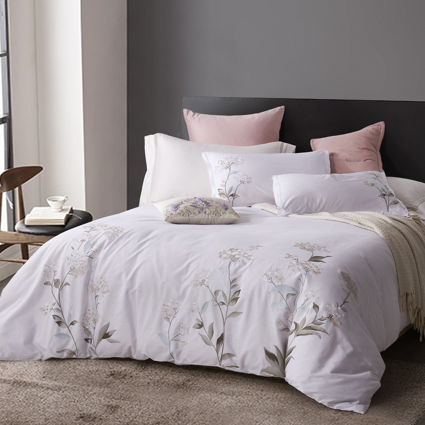 Hydrangea Floral 100% Cotton Embroidered Duvet Cover Set