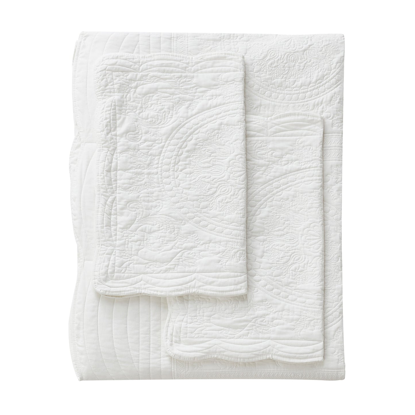 Isabella Cotton Quilt Set - White - Stunning Medallions And Scalloped Edges