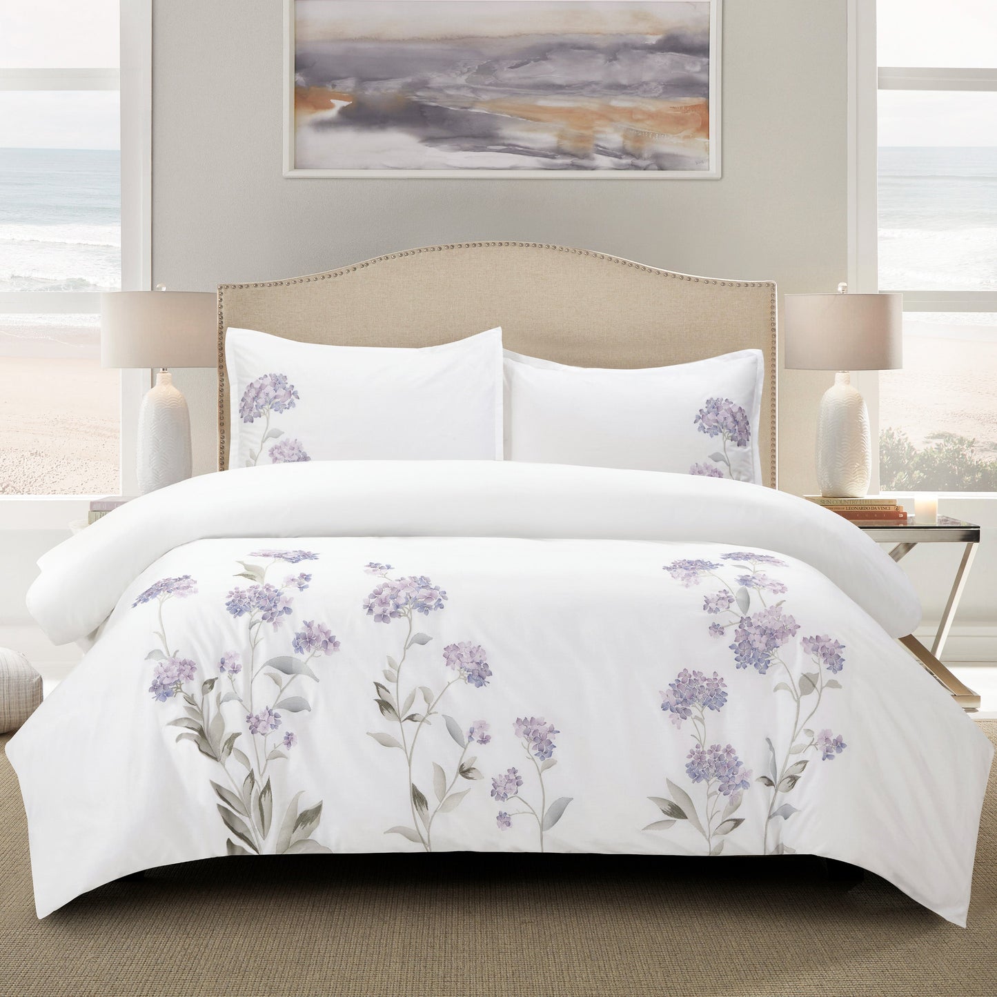 Hydrangea Floral 100% Cotton Embroidered Duvet Cover Set