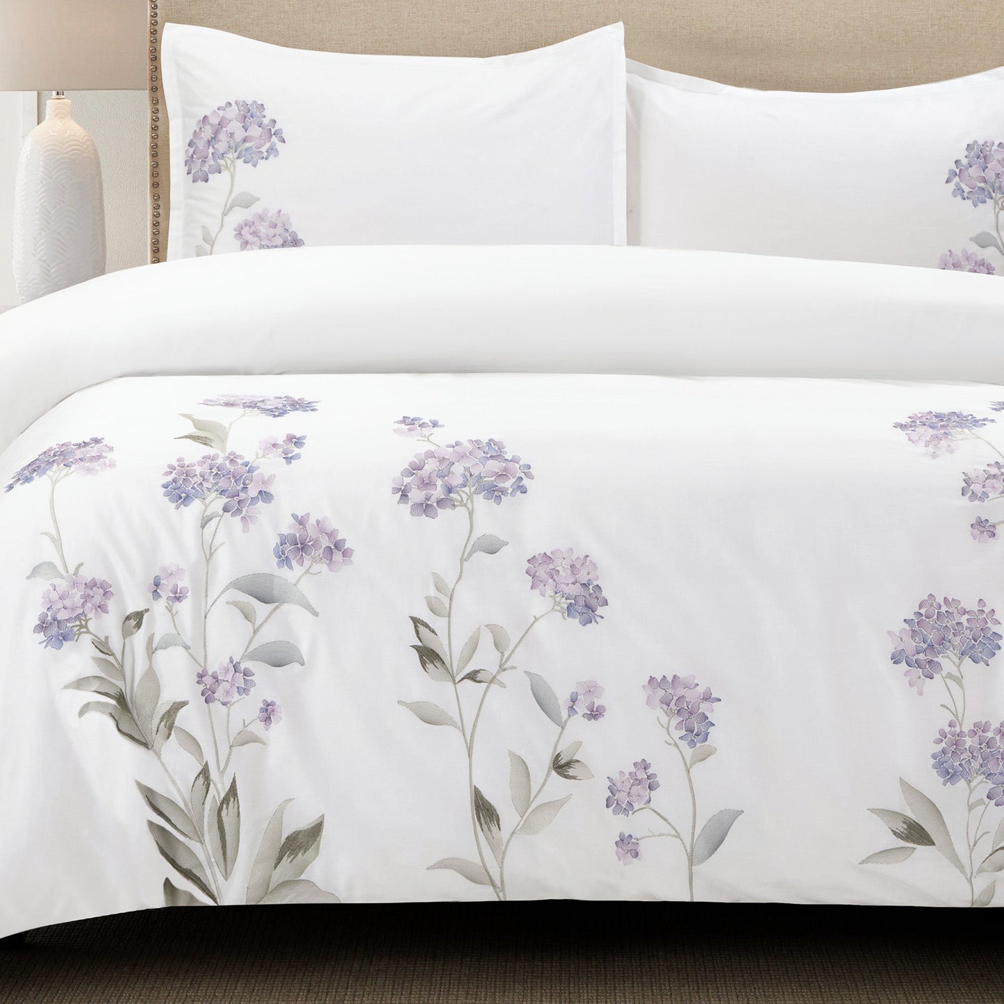 Hydrangea Floral 100% Cotton Embroidered Duvet Cover Set