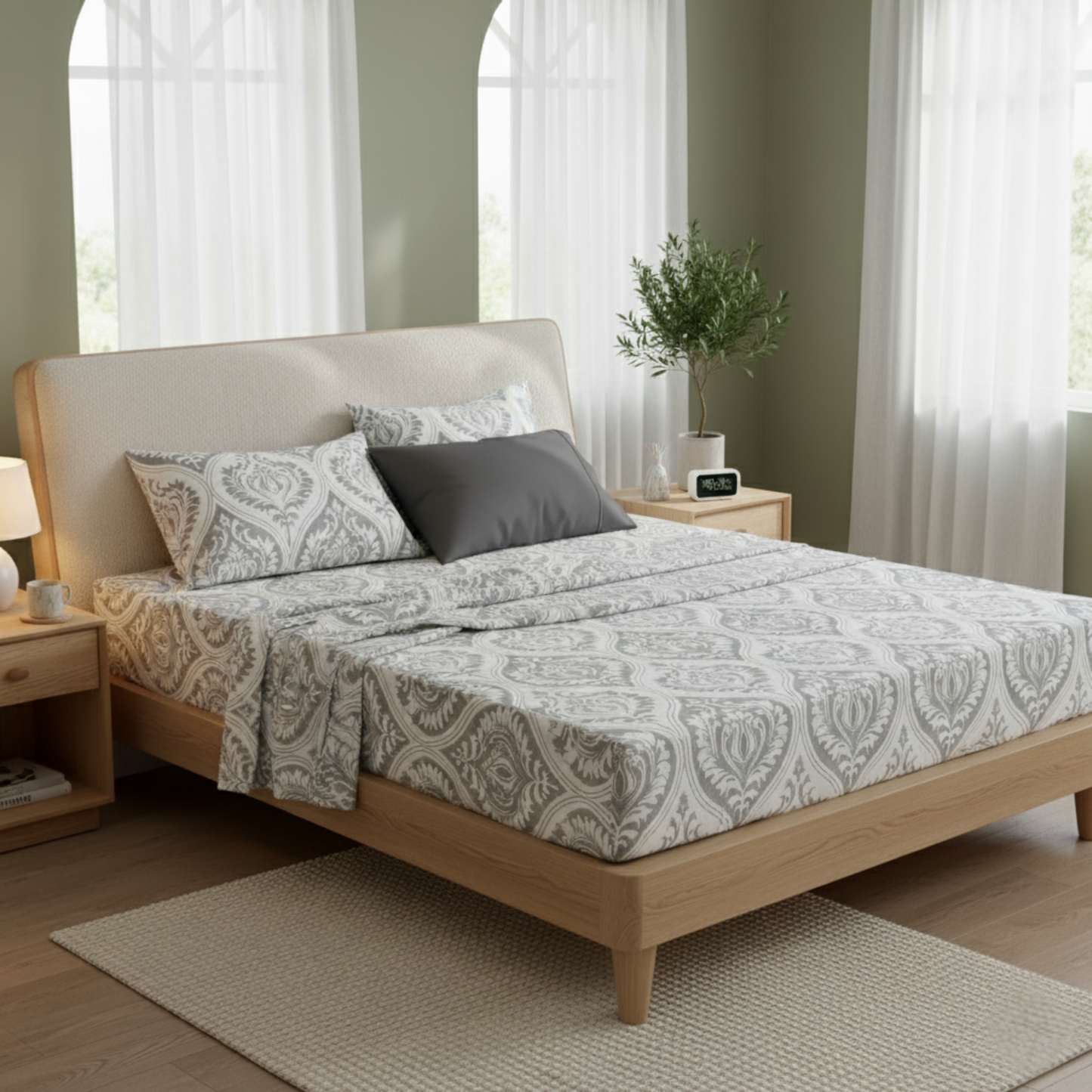 Tache Modern Dreamy Moon Sky Ogee Damask Heather Gray White Bed Sheet Set
