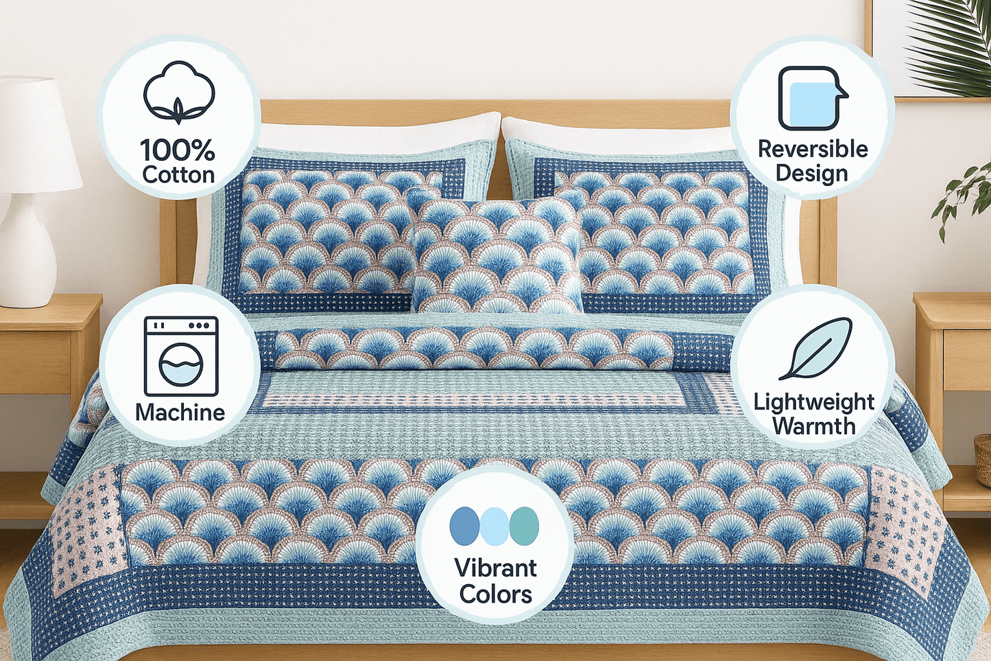 Mediterranean Blue Mint Green Patchwork Quilted Bedspread Set