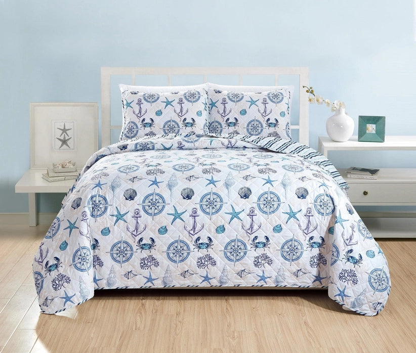 Coastal Azure Cotton Quilt Set 3PC - Blue Coastal Bedding Sets