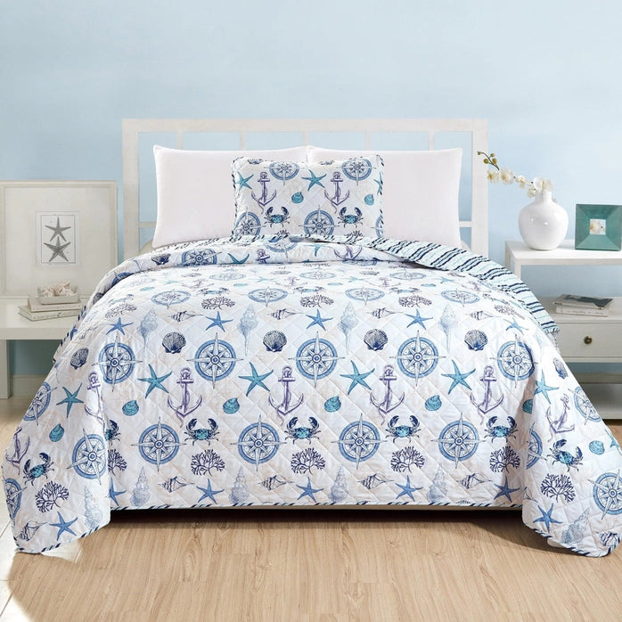 Coastal Azure Cotton Quilt Set 3PC - Blue Coastal Bedding Sets
