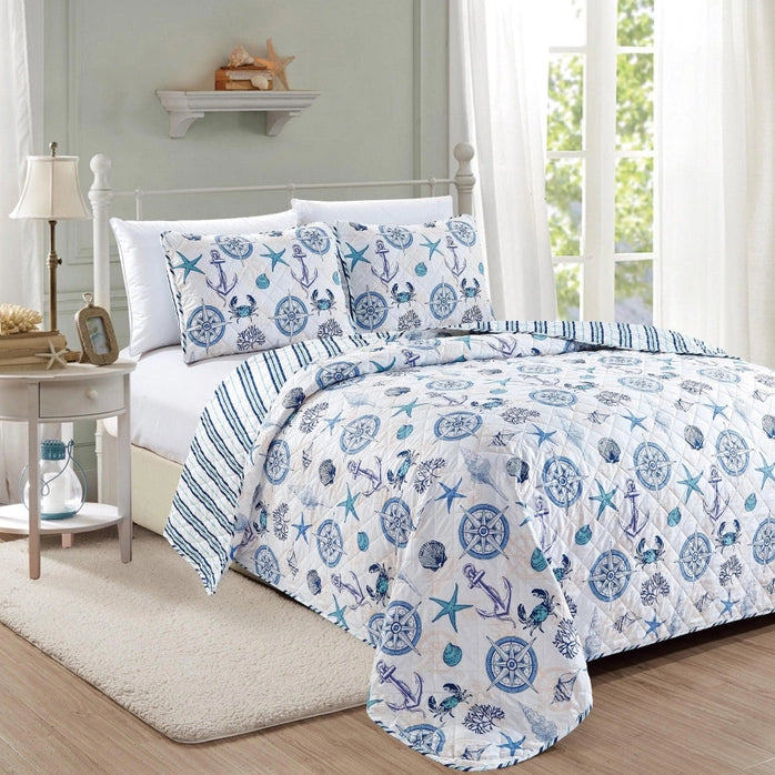 Coastal Azure Cotton Quilt Set 3PC - Blue Coastal Bedding Sets