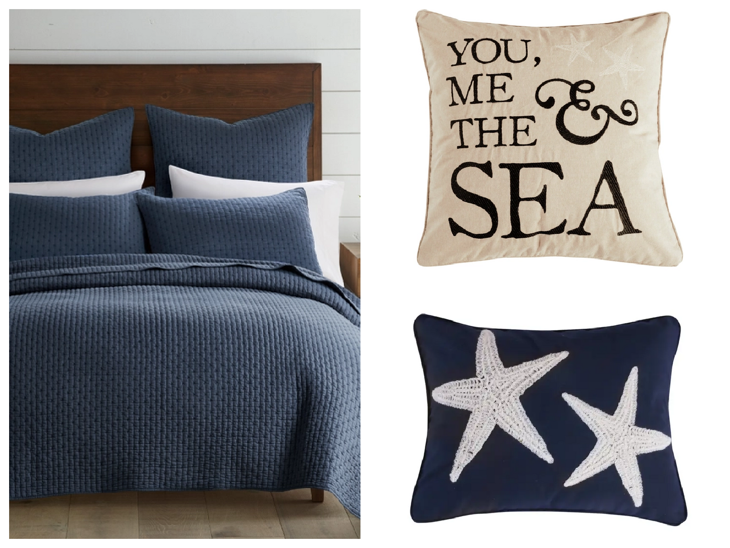 Bar Harbor Universal V Berth 5-Piece Coastal Quilt Set, Navy Blue, 88x92x40 inches, with Decorative Sea Pillows - Quahog Bay Bedding