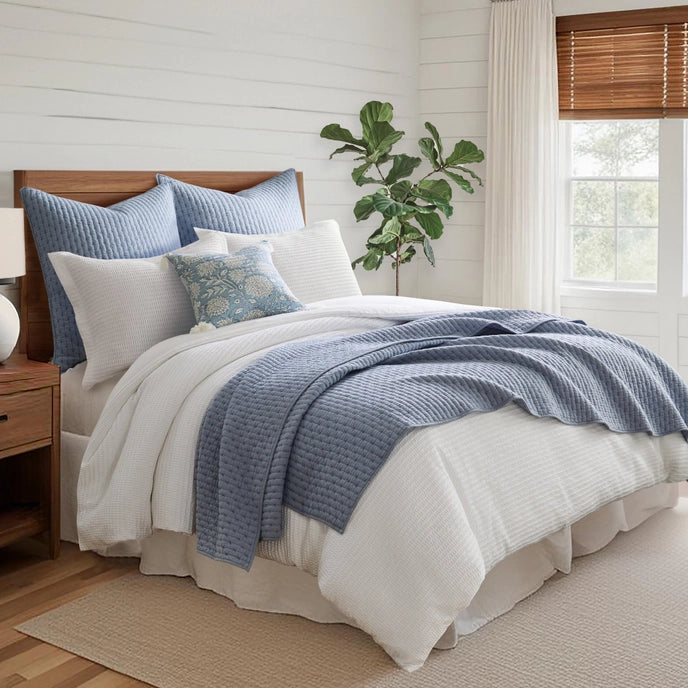 Beautiful Cross Stitch 100% Cotton Quilt Set - Chambray Blue