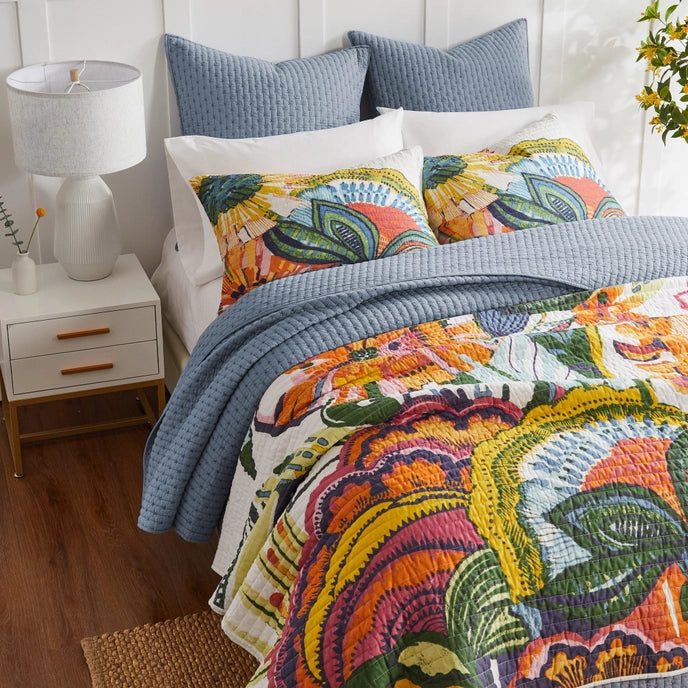 Beautiful Cross Stitch 100% Cotton Quilt Set - Chambray Blue