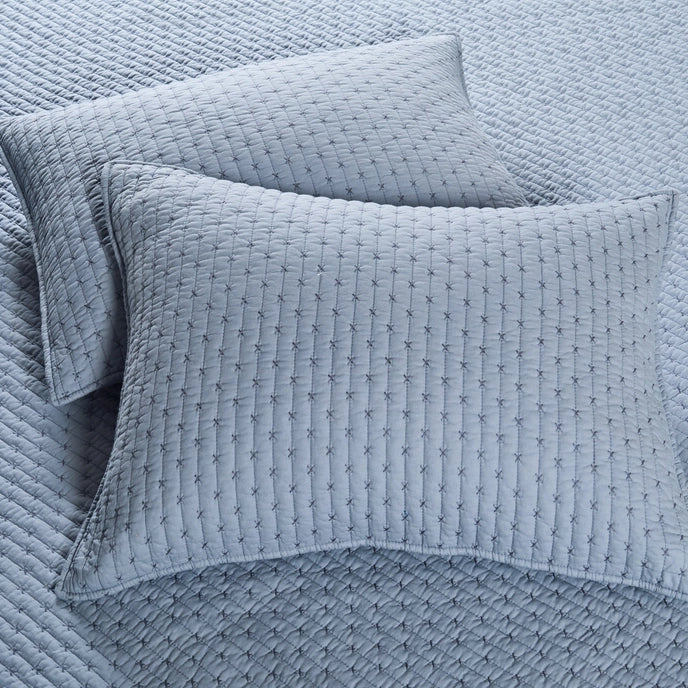Beautiful Cross Stitch 100% Cotton Quilt Set - Chambray Blue