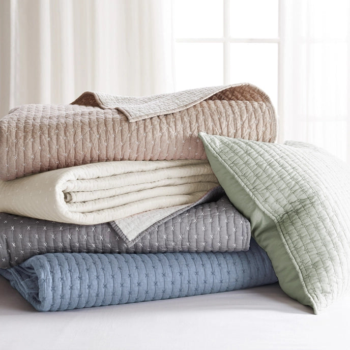 Beautiful Cross Stitch 100% Cotton Quilt Set - Chambray Blue