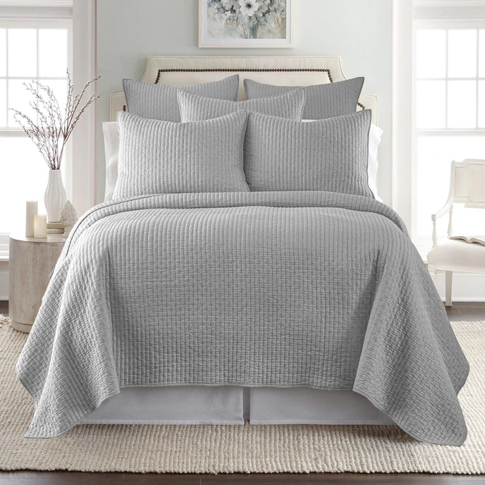 Sale! Queen Cross Stitch 100% Cotton Quilt Set - Light Grey