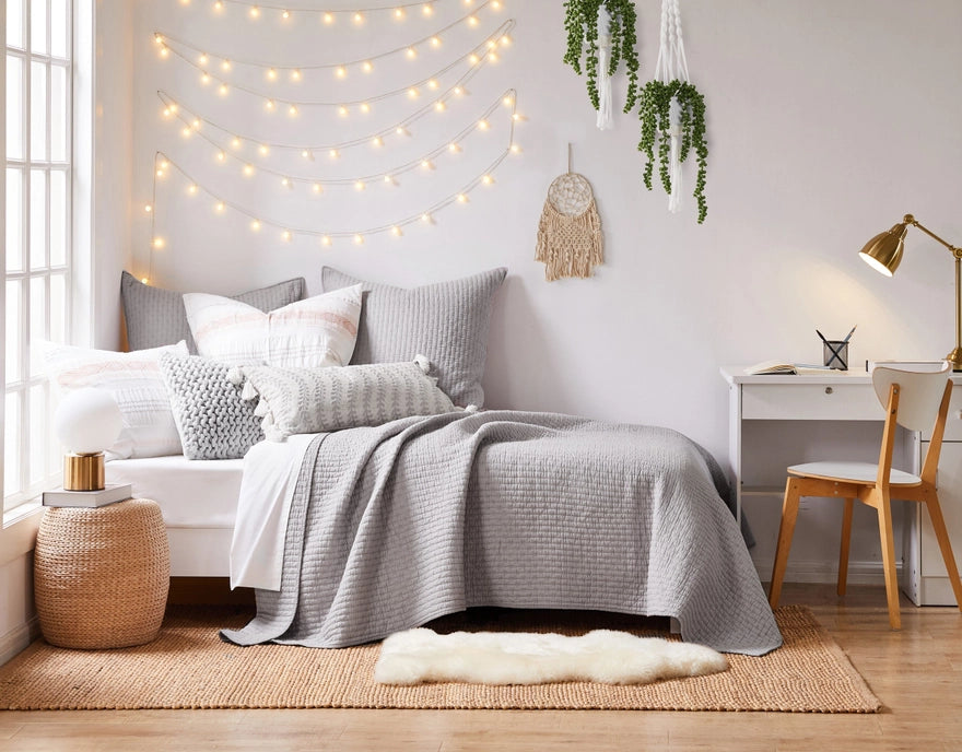 Sale! Queen Cross Stitch 100% Cotton Quilt Set - Light Grey