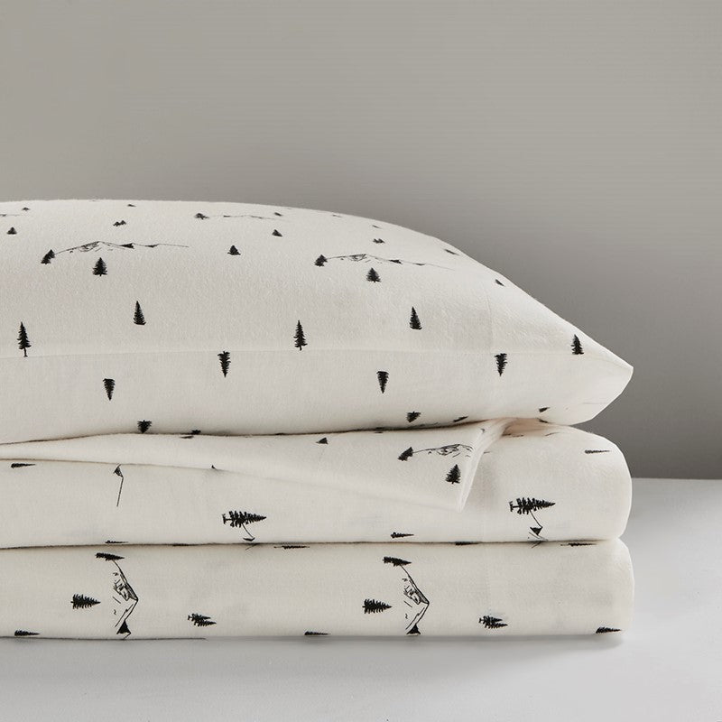 Woolrich 100% Cotton Printed Flannel Sheet Set - Black Pine Trees