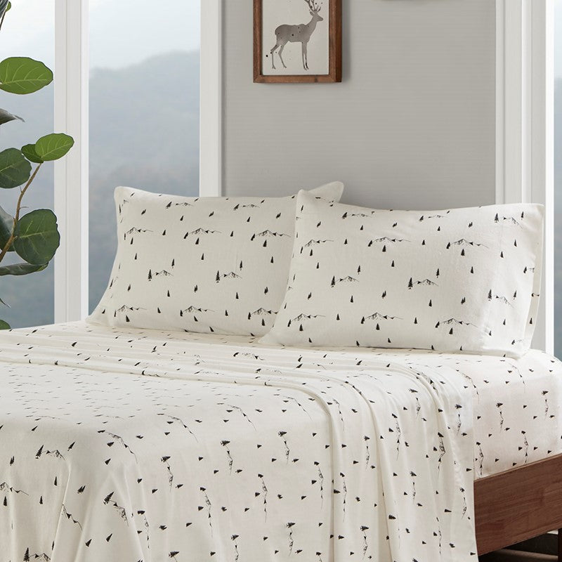 Woolrich 100% Cotton Printed Flannel Sheet Set - Black Pine Trees