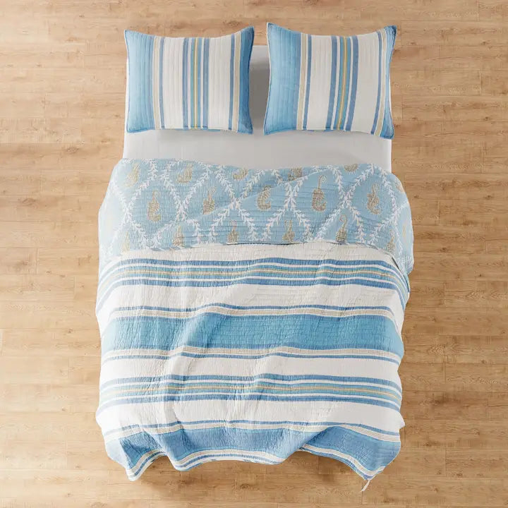 Blue Maui Cotton Coastal Quilt Set - Coastal Blue Seahorse Quilt - Quahog Bay Bedding