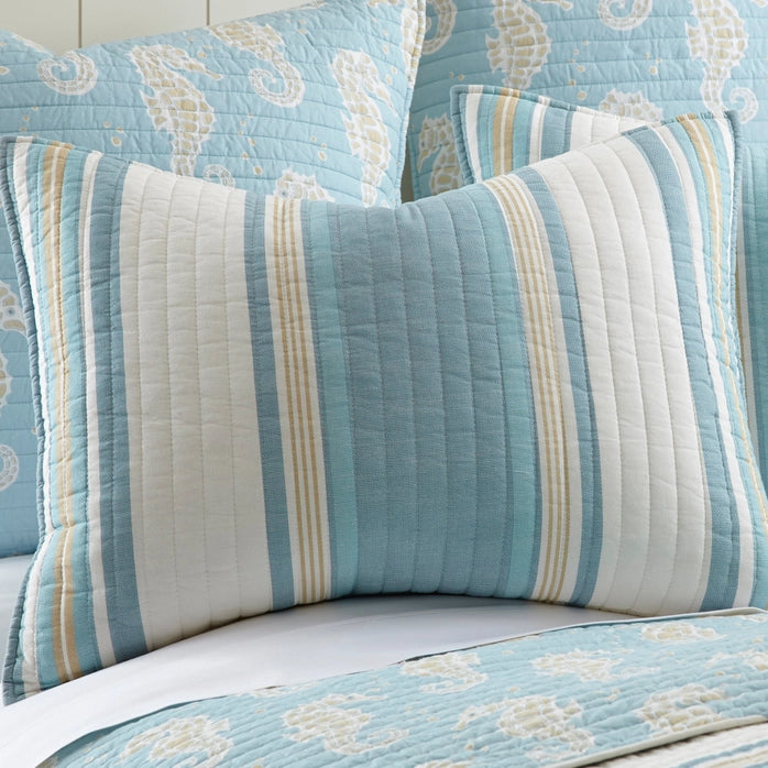 Blue Maui Cotton Coastal Quilt Set - Coastal Blue Seahorse Quilt - Quahog Bay Bedding