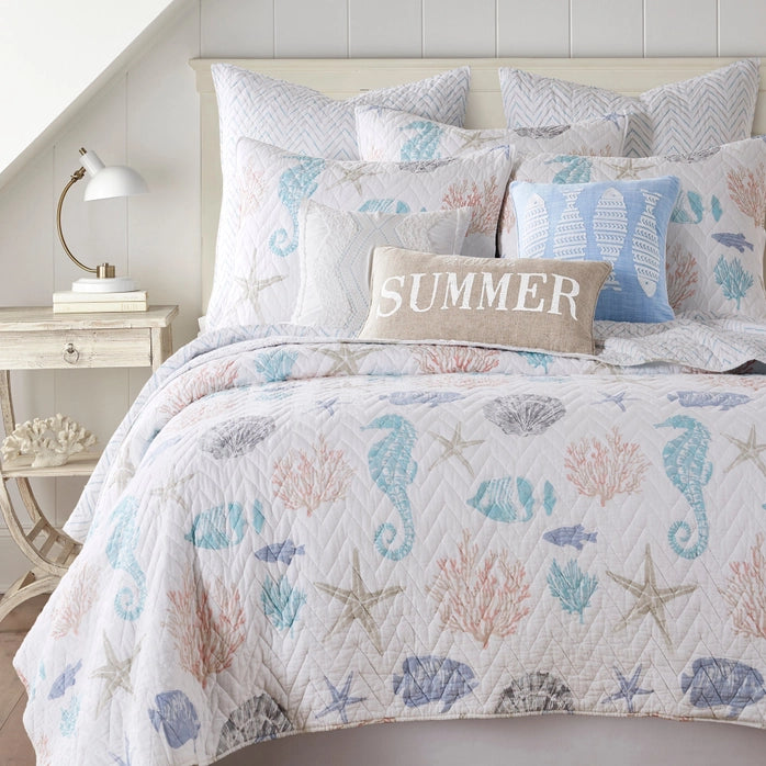Blue Sea Cotton Coastal Quilt Set - Seahorse, Shells and Coral