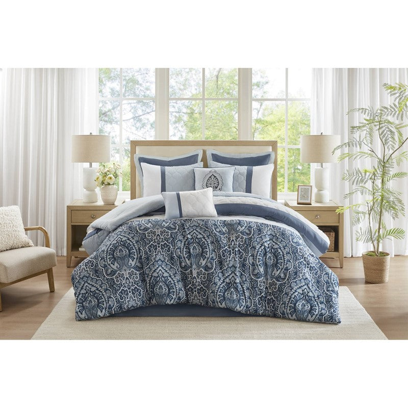 Embroidered Medallion Comforter Set - Blue Medallion Bedding Set - 8PC