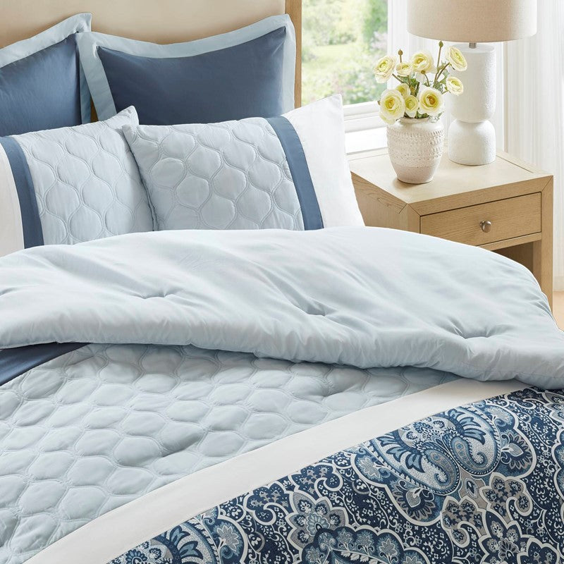 Embroidered Medallion Comforter Set - Blue Medallion Bedding Set - 8PC