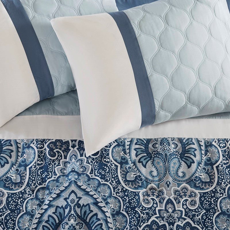 Embroidered Medallion Comforter Set - Blue Medallion Bedding Set - 8PC