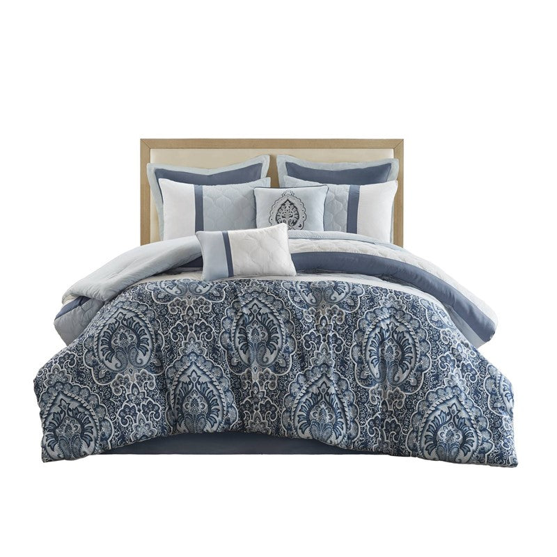 Embroidered Medallion Comforter Set - Blue Medallion Bedding Set - 8PC