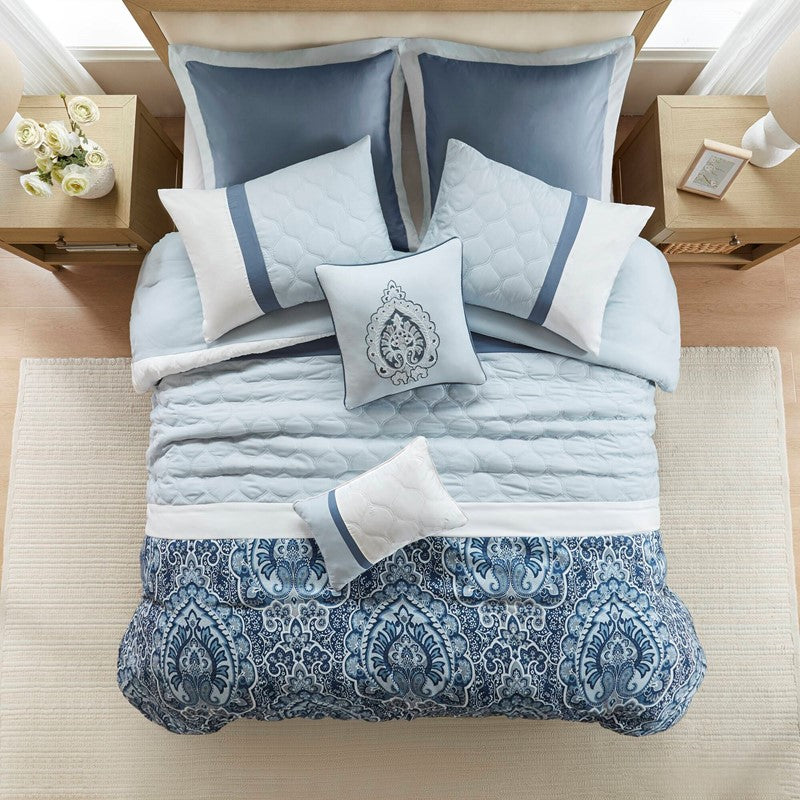 Embroidered Medallion Comforter Set - Blue Medallion Bedding Set - 8PC