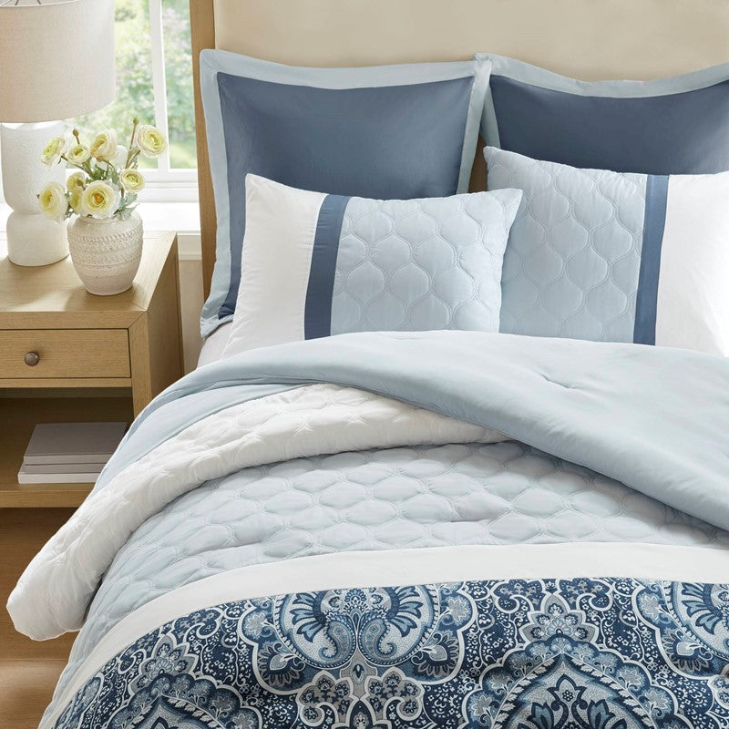 Embroidered Medallion Comforter Set - Blue Medallion Bedding Set - 8PC