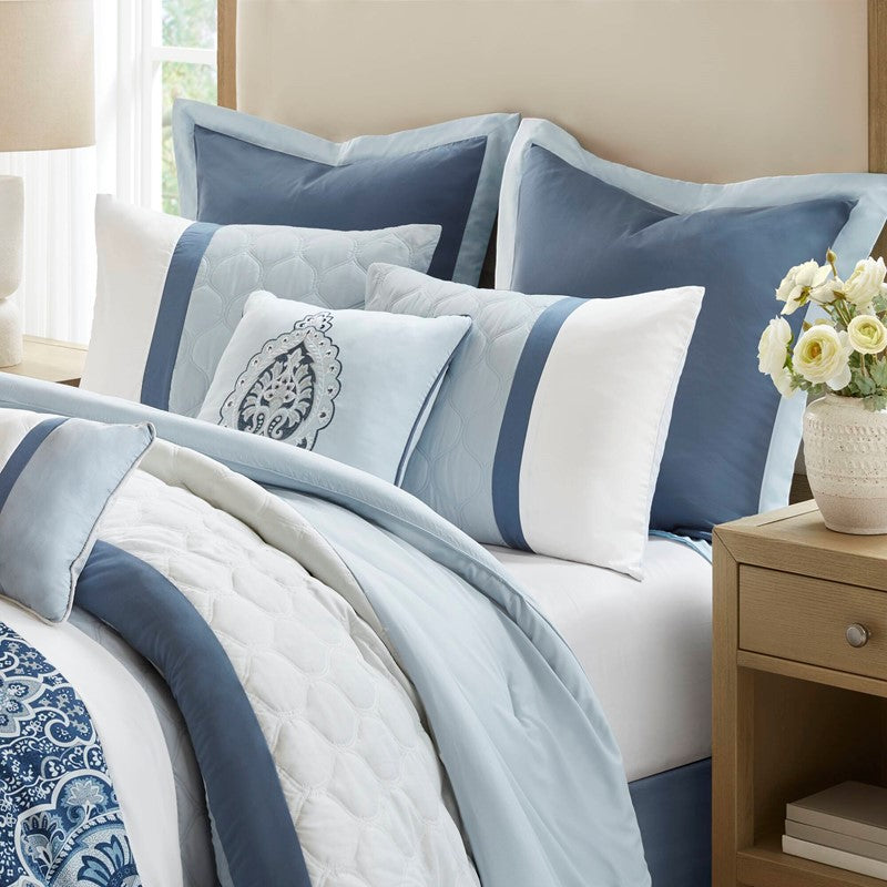 Embroidered Medallion Comforter Set - Blue Medallion Bedding Set - 8PC