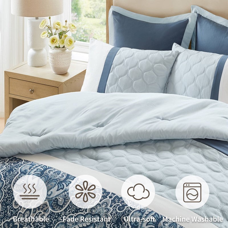 Embroidered Medallion Comforter Set - Blue Medallion Bedding Set - 8PC