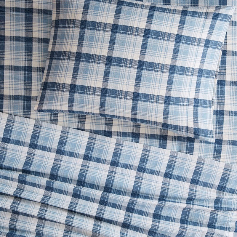 Woolrich 100% Cotton Printed Flannel Sheet Set - Blue Plaid