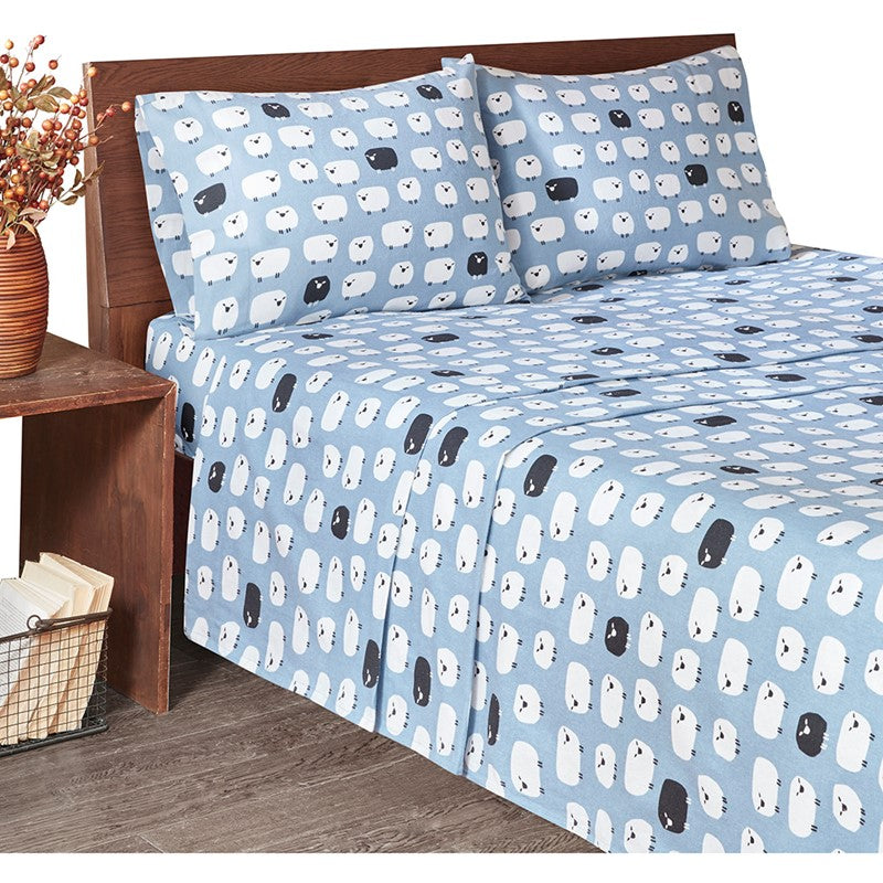 Woolrich 100% Cotton Printed Flannel Sheet Set - Blue Sheep