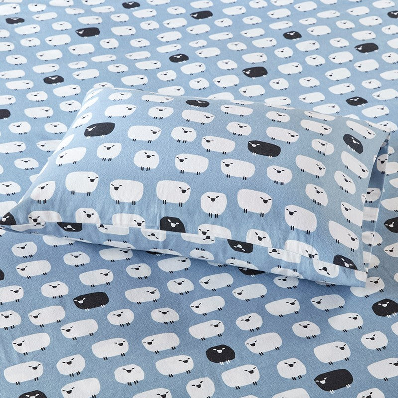 Woolrich 100% Cotton Printed Flannel Sheet Set - Blue Sheep