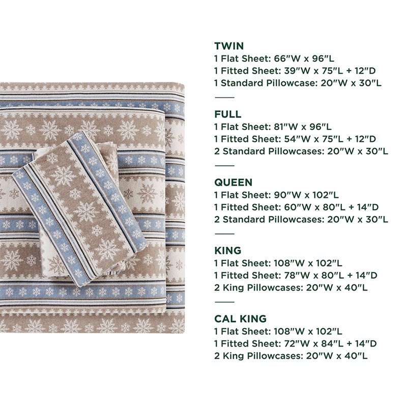 Woolrich 100% Cotton Printed Flannel Sheet Set - Blue Snowflake
