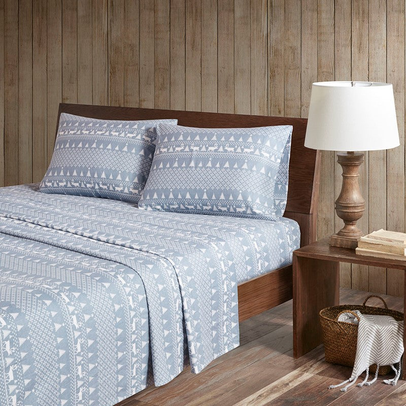 Woolrich 100% Cotton Printed Flannel Sheet Set - Blue Winter Frost