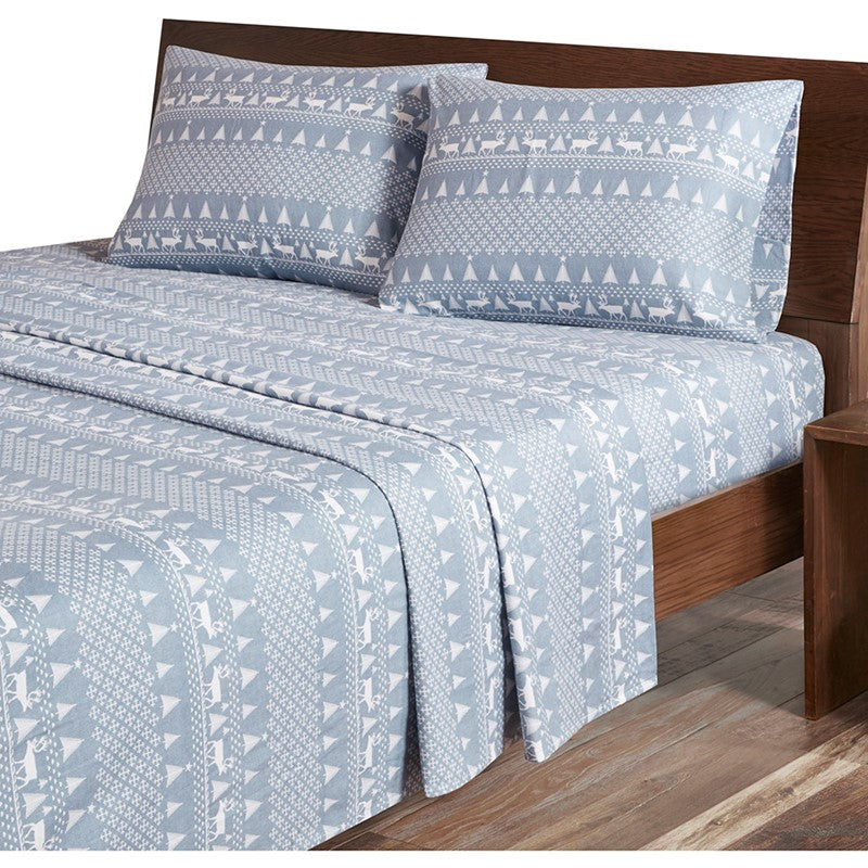 Woolrich 100% Cotton Printed Flannel Sheet Set - Blue Winter Frost