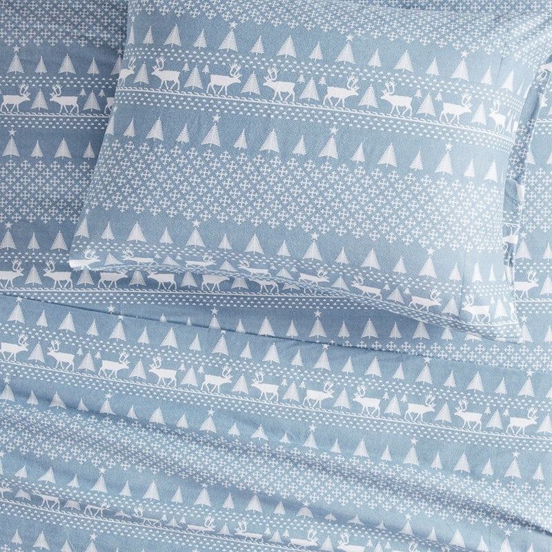 Woolrich 100% Cotton Printed Flannel Sheet Set - Blue Winter Frost