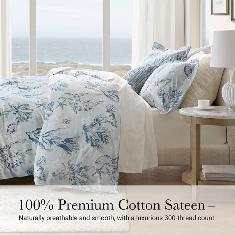 Coastal Blue Botanical Duvet Cover Set 100% Cotton Sateen Duvet Set