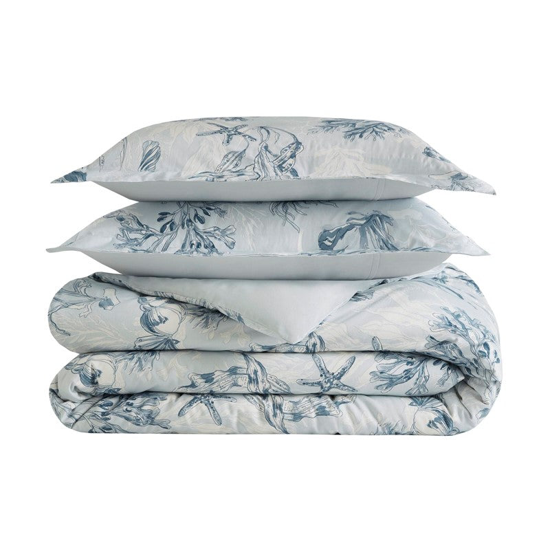 Coastal Blue Botanical Duvet Cover Set 100% Cotton Sateen Duvet Set
