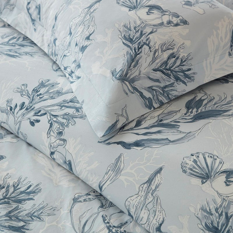Coastal Blue Botanical Duvet Cover Set 100% Cotton Sateen Duvet Set