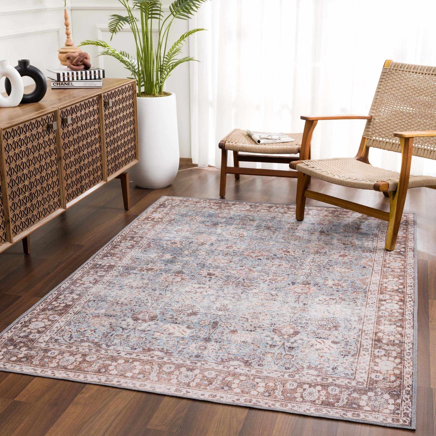 Brown Blue Dauis Vintage Washable Area Rug - Clearance - Quahog Bay Bedding