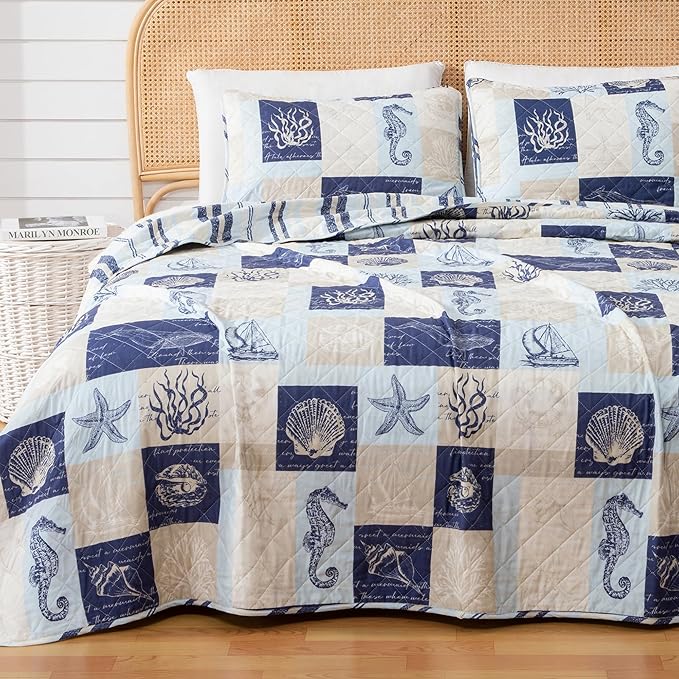 Sale! Queen Coastal Caspian Patchwork Quilt Set 3PC - Lightweight Microfiber