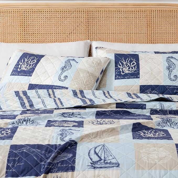 Sale! Queen Coastal Caspian Patchwork Quilt Set 3PC - Lightweight Microfiber