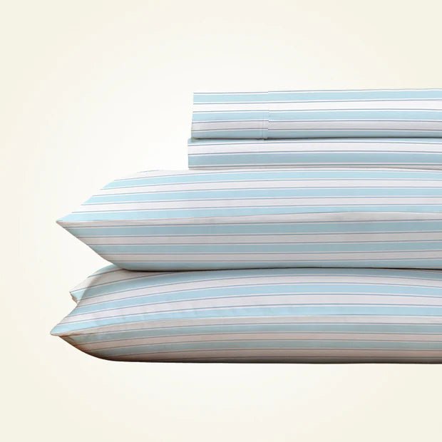 CinchFit American Made Coastal Blue And White Cape Stripe Sheets 400TC Cotton - 9 Inch Depth - Quahog Bay Bedding