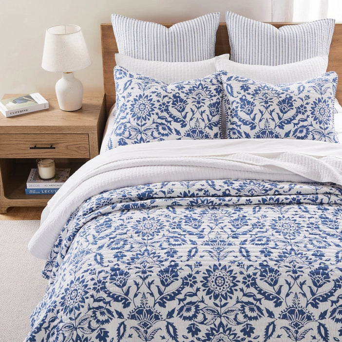 Clara Blue Quilt Set - Classic Blue And White Coastal Bedding