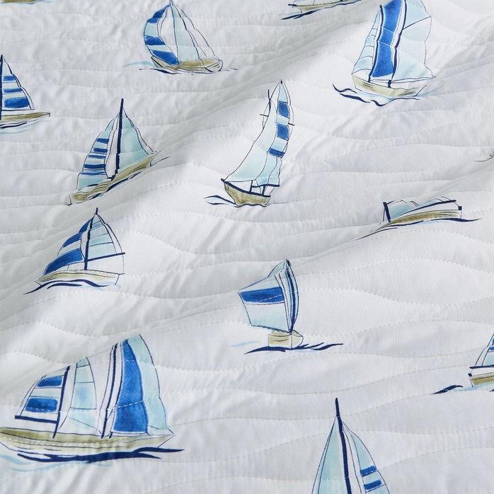 Coastal Blue Watercolor Sailboat Quilt Set 3PC - Quahog Bay Bedding