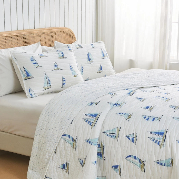 Coastal Blue Watercolor Sailboat Quilt Set 3PC - Quahog Bay Bedding