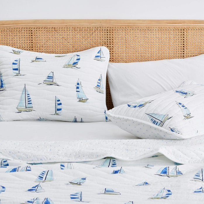 Coastal Blue Watercolor Sailboat Quilt Set 3PC - Quahog Bay Bedding