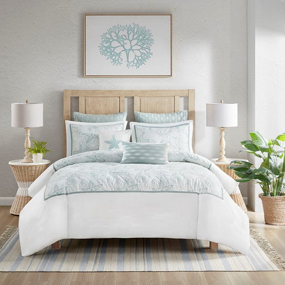 Coastal Maya Bay Duvet Cover Set 3PC - White With Seafoam Blue Hues - Quahog Bay Bedding