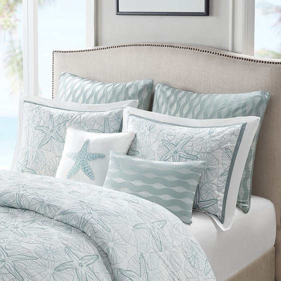 Coastal Maya Bay Duvet Cover Set 3PC - White With Seafoam Blue Hues - Quahog Bay Bedding